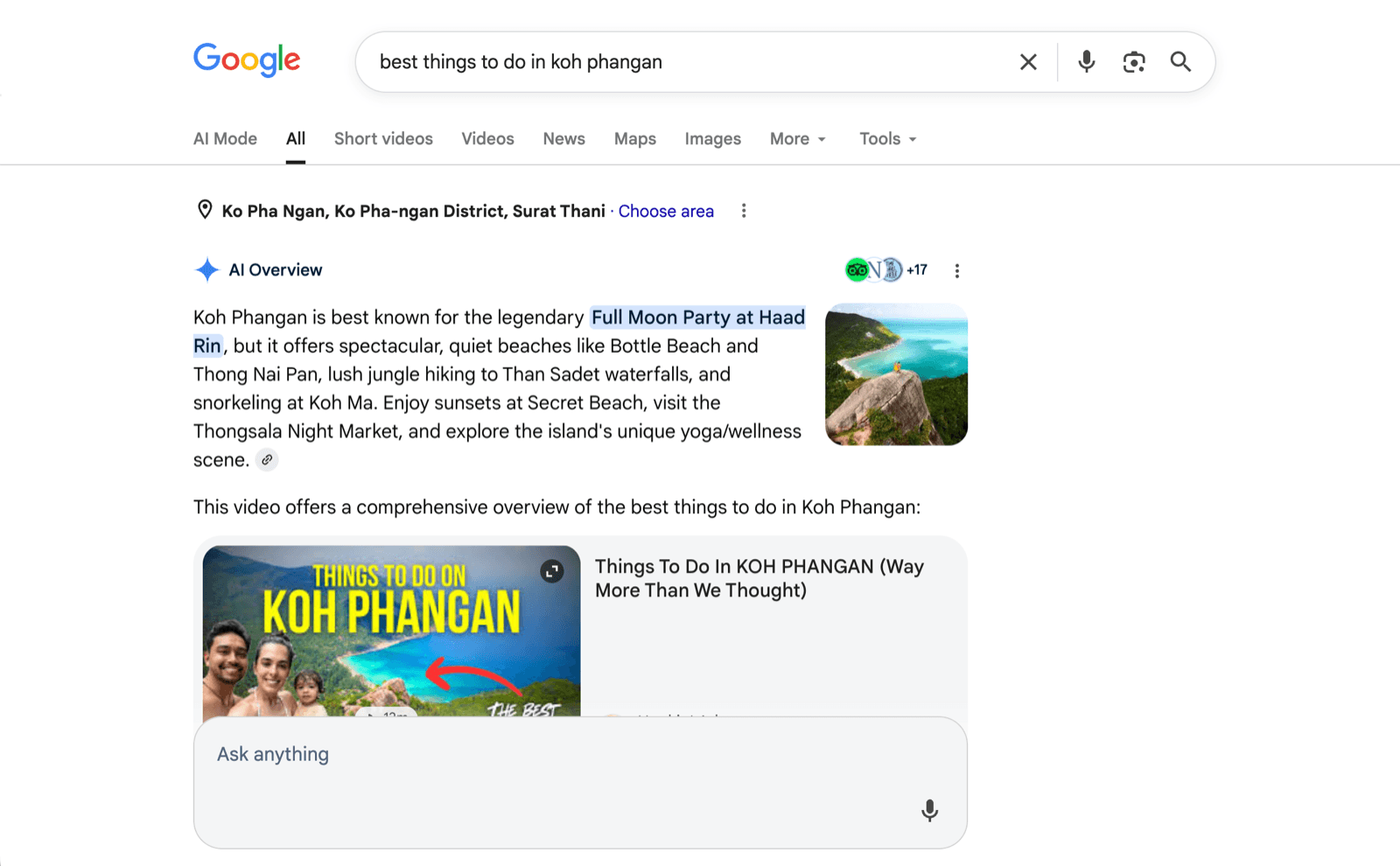 Google search results for “best things to do in koh phangan” showing an AI Overview at the top of the page with a list of beaches and a YouTube video block, citing Tripadvisor and other sources but not nomadmum.com.