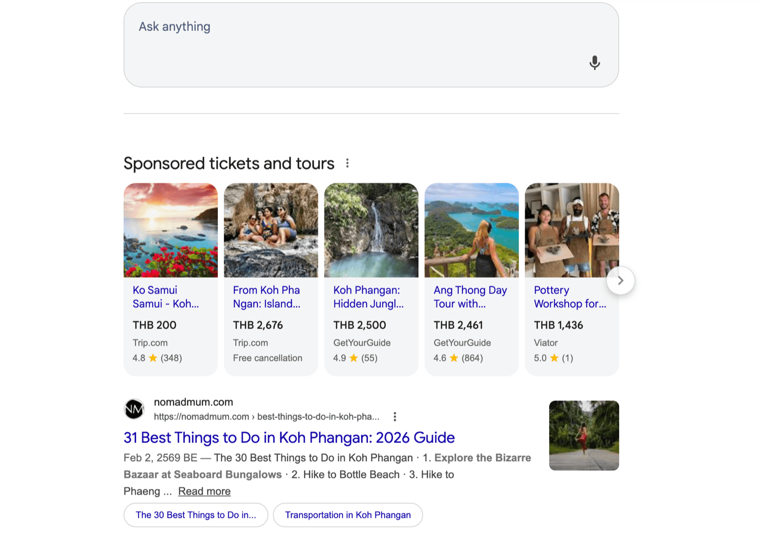 The same Google results page scrolled down, showing five sponsored tour cards from Trip.com, GetYourGuide and Viator, then the #1 organic result from nomadmum.com sitting below all of it.