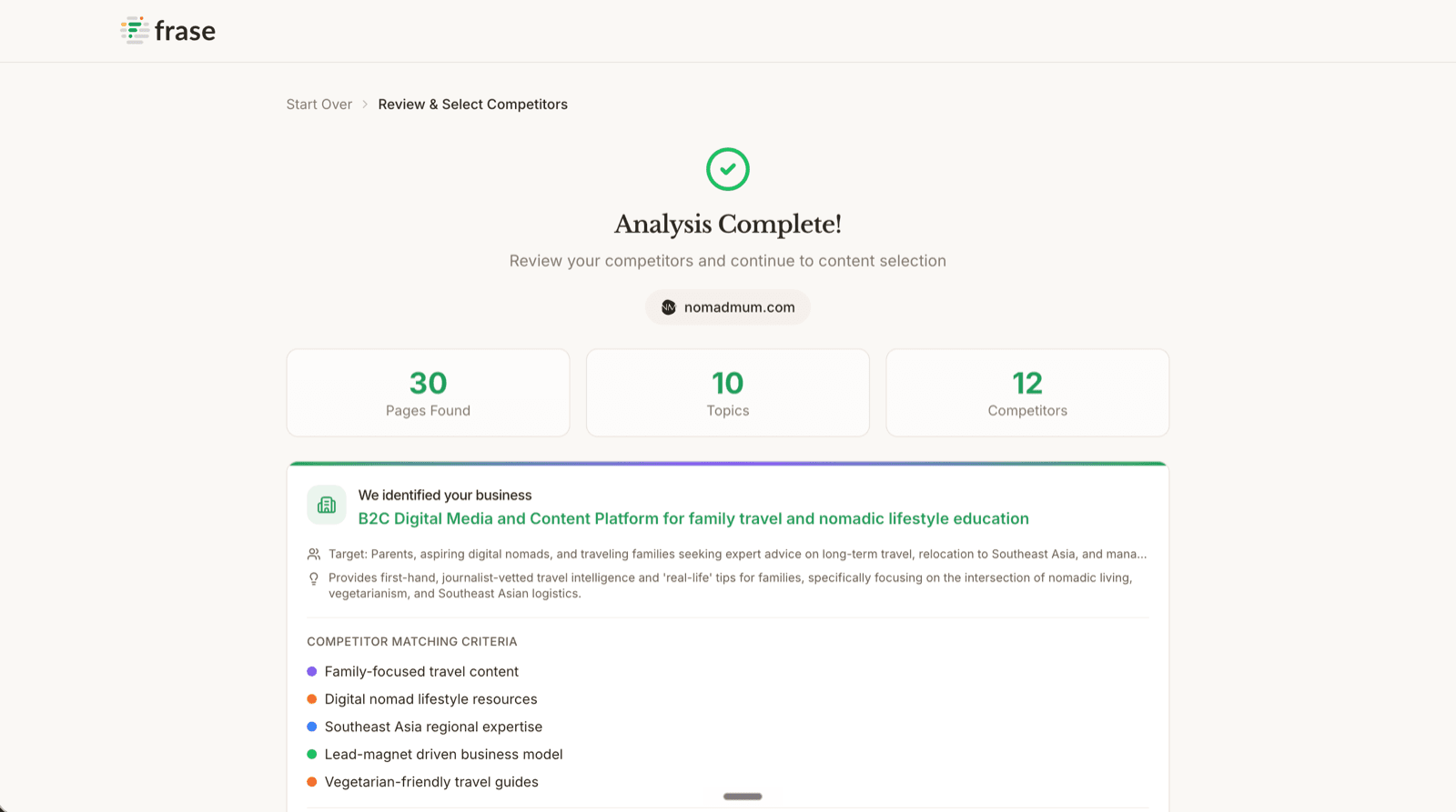 Screenshot of the Frase interface analyzing an article, showing keyword research and optimization suggestions.