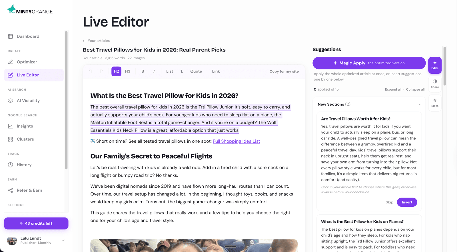 Screenshot of the Minty Orange live editor showing an article with optimization outputs applied section by section.