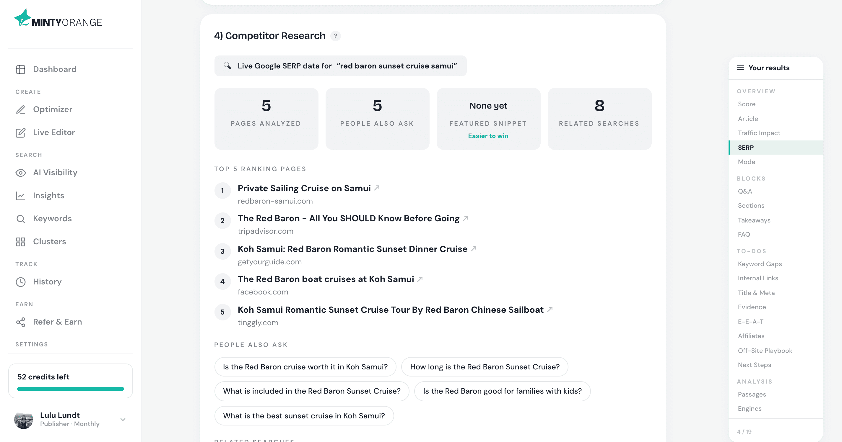 Live Competitor Research view showing top 5 ranking pages and People Also Ask questions.