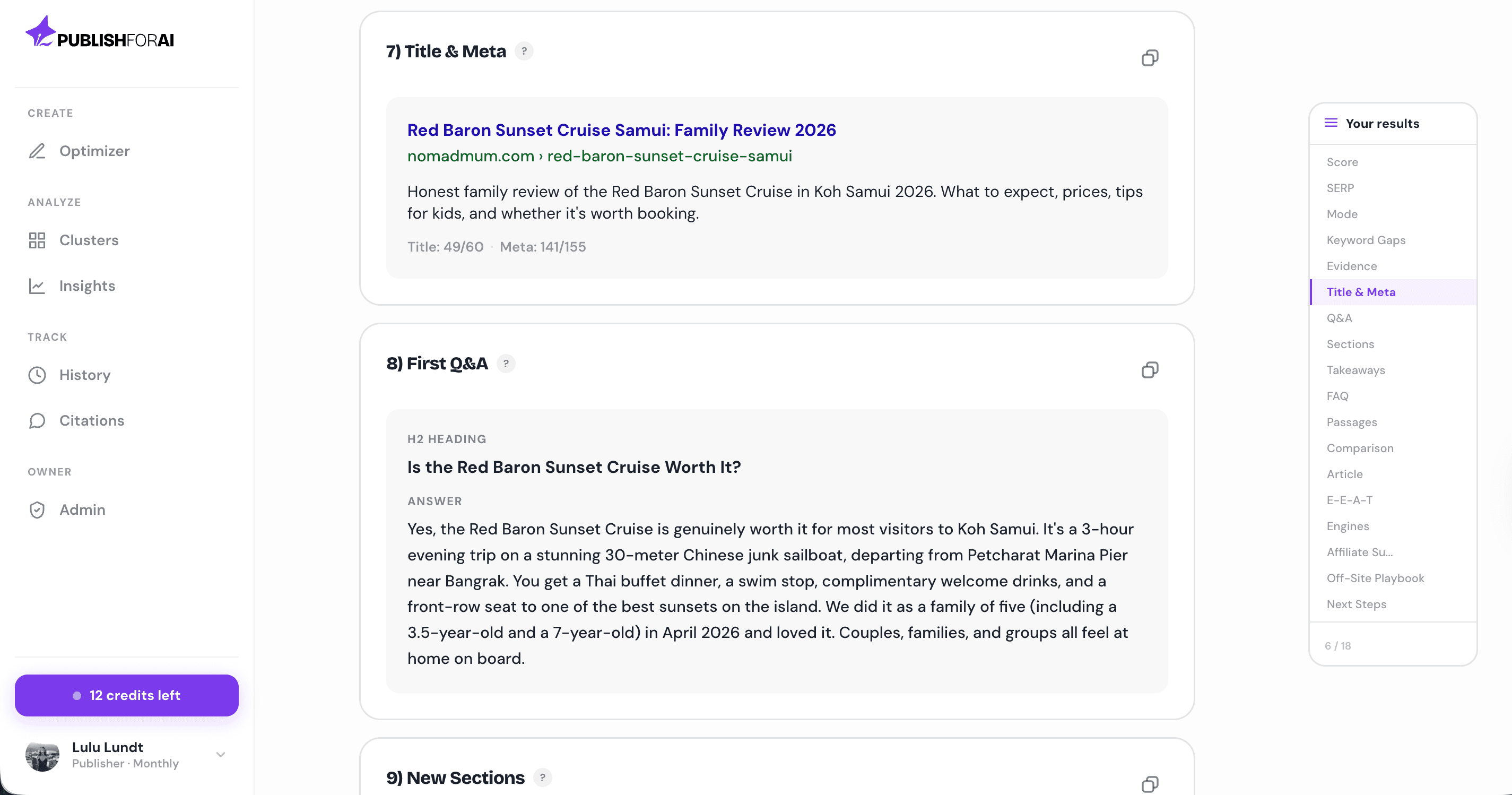 Title and Meta plus First Q&A sections of an optimization result.