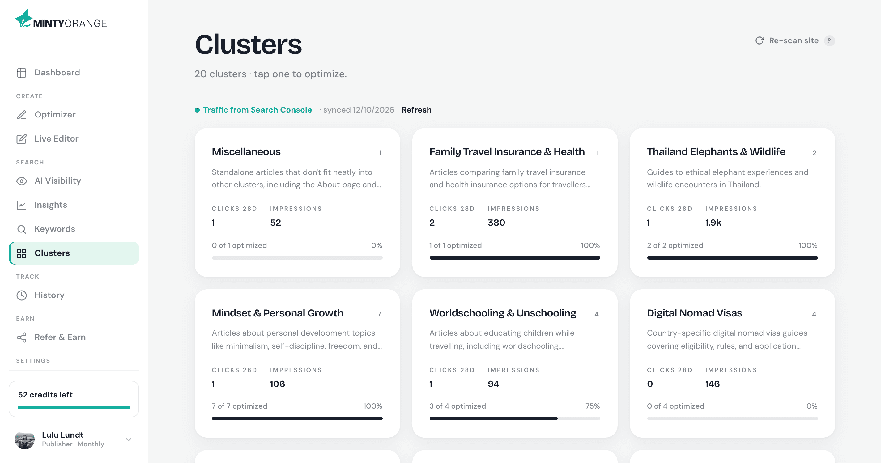Clusters dashboard showing topical groupings of a website with clicks and impressions per cluster.