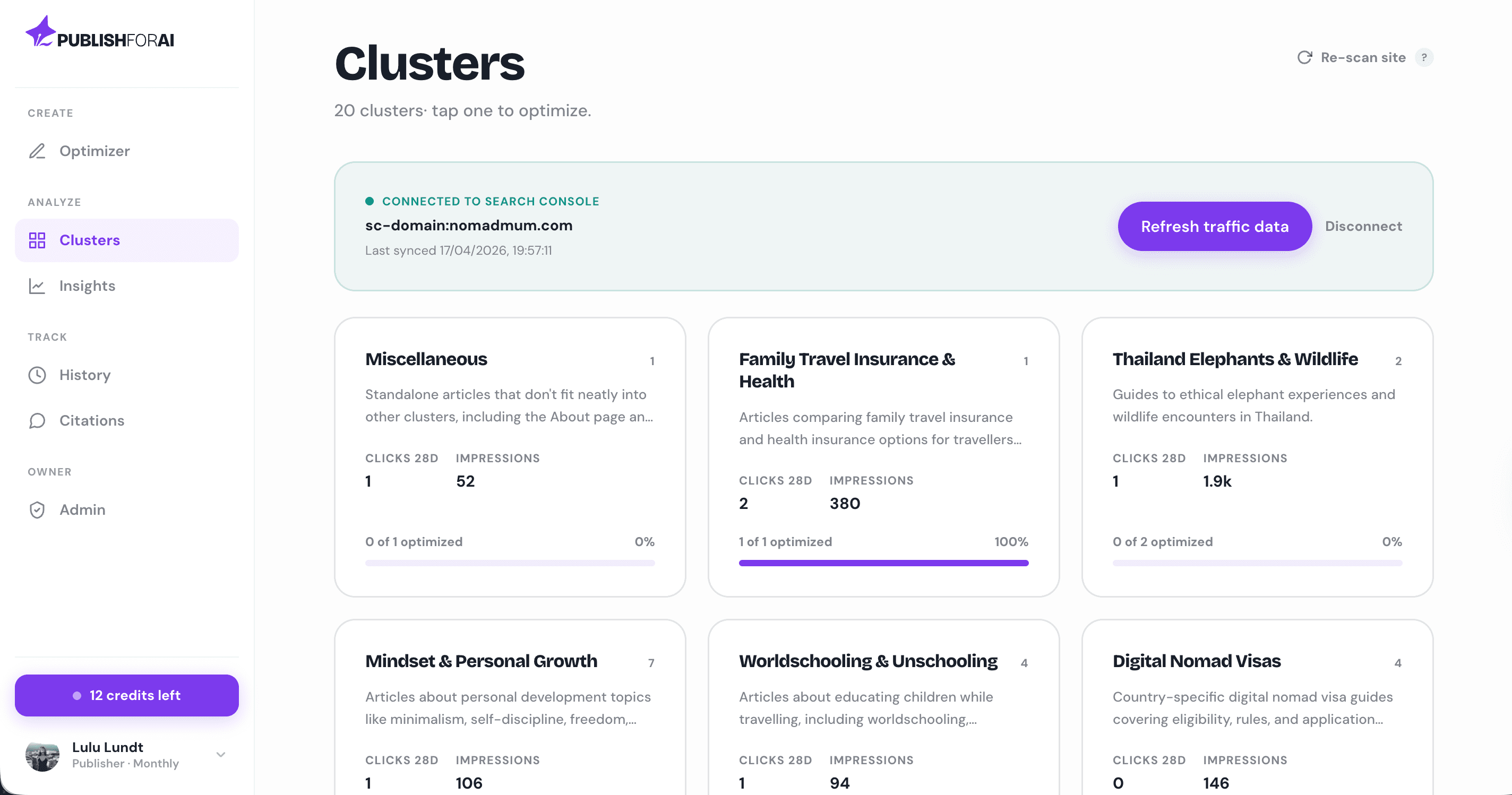 Clusters dashboard showing topical groupings of a website with clicks and impressions per cluster.