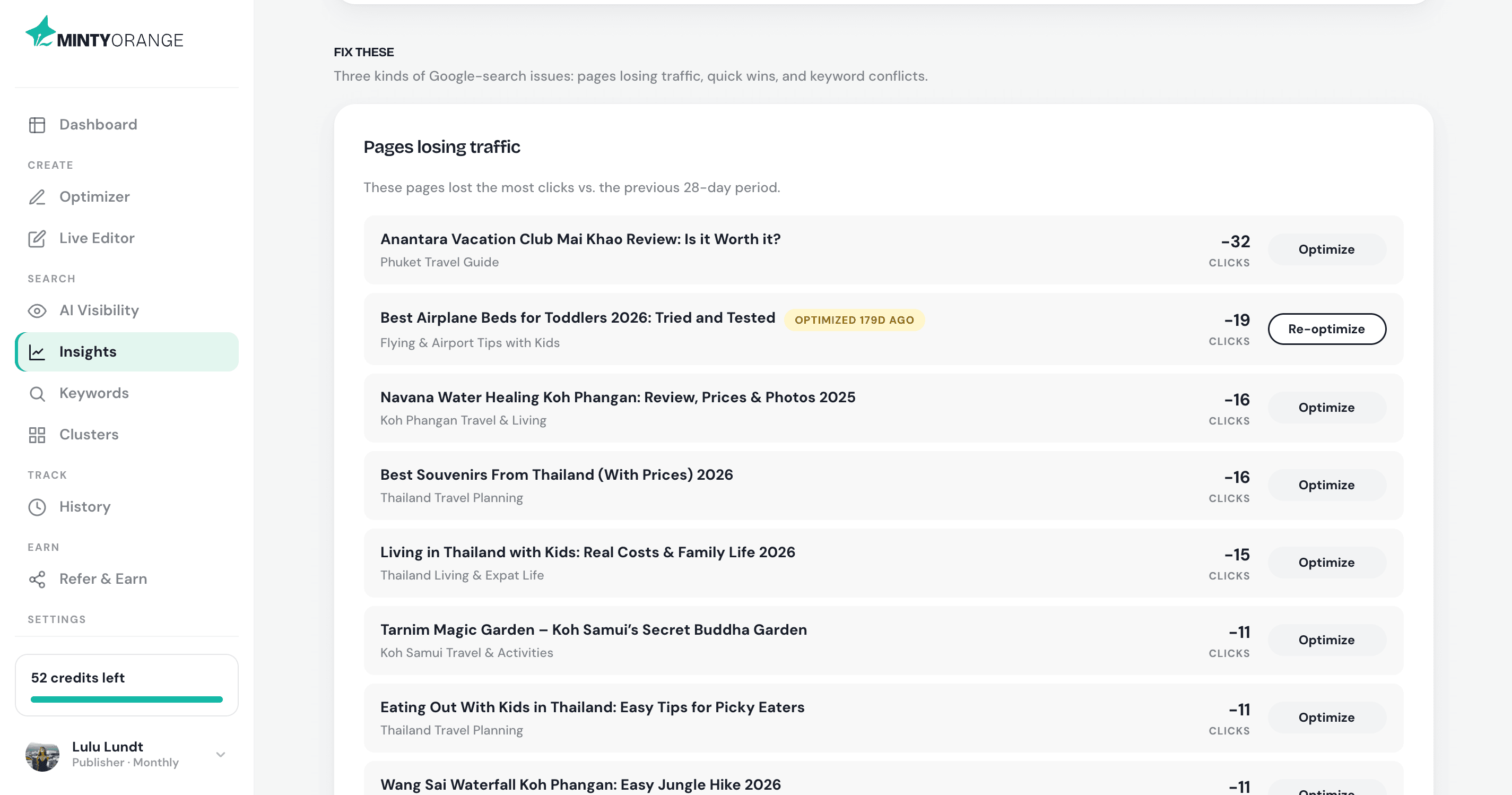 Insights page showing cannibalization conflicts, content gaps and pages losing traffic.