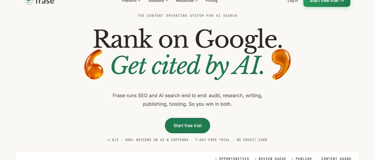 The Frase homepage, captured 5 October 2026.