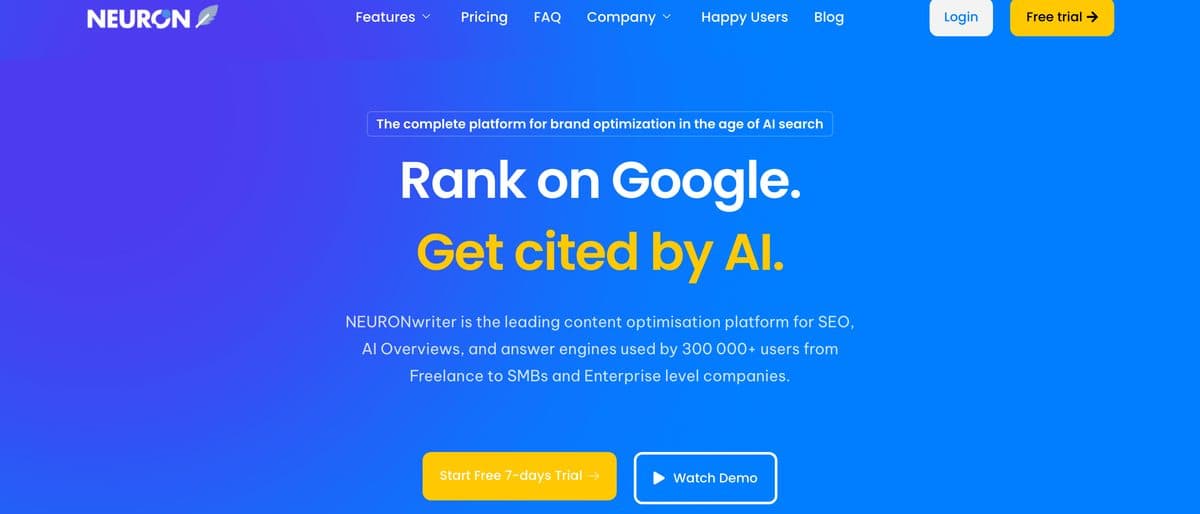 The NeuronWriter homepage, captured 5 October 2026.